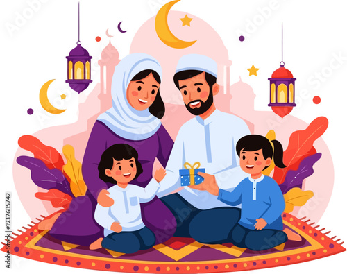 Grateful family unwrapping a gift while sitting on a decorative rug in a festive room with lanterns and crescent moon motifs