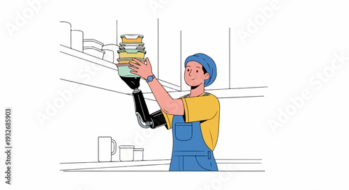 Person with bionic arm reaching for stacked containers on shelf, demonstrating assistive technology for daily tasks. Individual uses bionic arm efficiently,