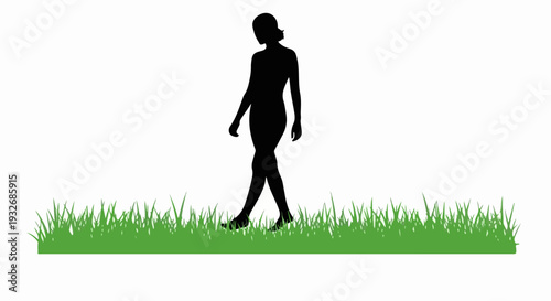 Black walking woman silhouette on vibrant green grass. Simple walking woman silhouette shows movement, depicting elegance and gentle stride. Graphic walking woman silhouette useful for health,