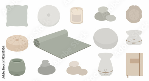 Self care essentials collection, yoga mat, meditation cushion, aroma diffuser, smooth stones, candle, and journal. Arranged self care items for relaxation, mindfulness.