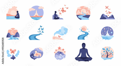 Abstract meditation icons show human silhouettes in lotus pose, serene nature elements. Mindful meditation icons include flying butterflies, flowing rivers, mountains.
