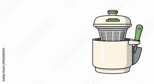 Rice cooker illustration features steam basket and spatula, kitchen appliance includes inner pot, lid, accompanying spatula for preparing delicious rice cooker meals.