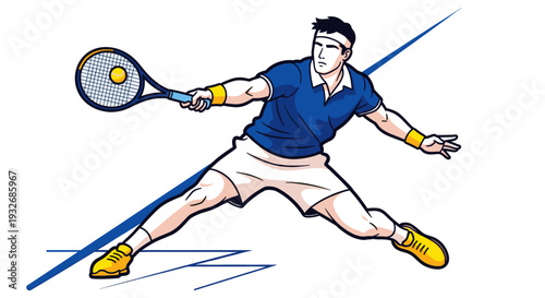 A cartoon illustration of a tennis player in motion, hitting a yellow tennis ball with a blue racket on a white background and stylized blue court lines.