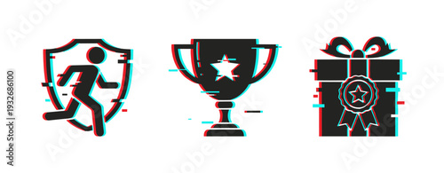 Icon trio depicting running, trophy, and gift on white background. Glitch effect