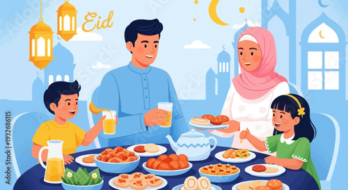Joyful muslim family enjoying a festive eid dinner together against a serene mosque silhouette background in a celebratory vector illustration