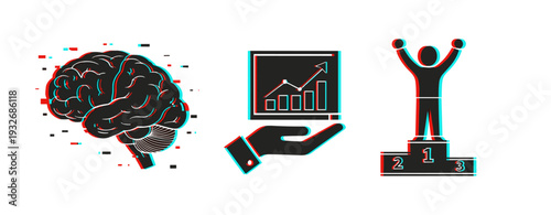 Brain, growth chart and podium winner icons on white background. Glitch effect