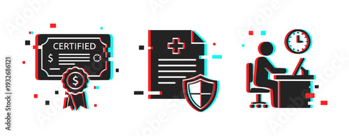 Certification badge and medical document next to office worker. Glitch effect