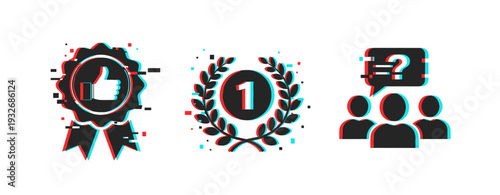 Badge laurel and group icons showing glitch effect on white. Glitch effect
