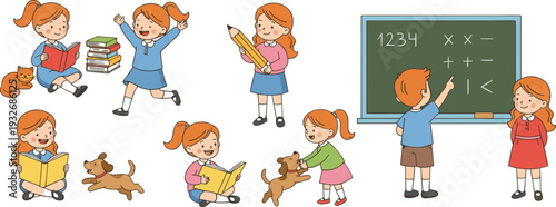 Minimal hand-drawn vector illustration of children studying, reading books, and learning mathematics with pets in clean line art style