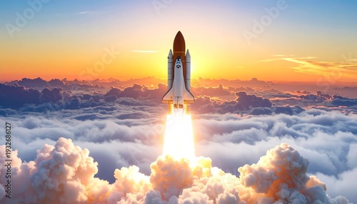 A rocket ship blasts off into a vibrant sunset above fluffy clouds