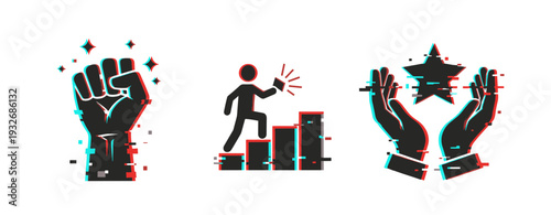 Icons showing empowerment progress and recognition on white background. Glitch effect