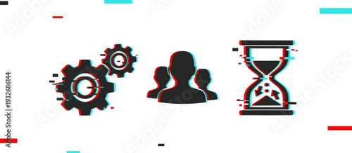 Gears group and hourglass representing teamwork and time. Glitch effect