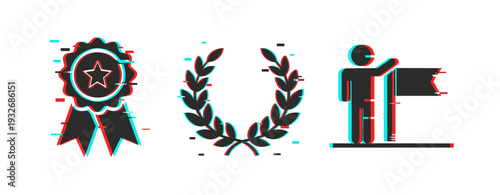 Award ribbon laurel wreath and person holding flag in icon set. Glitch effect