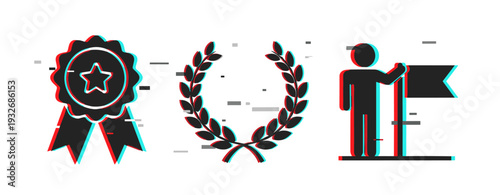 Achievement icons depicting awards recognition and victory. Glitch effect