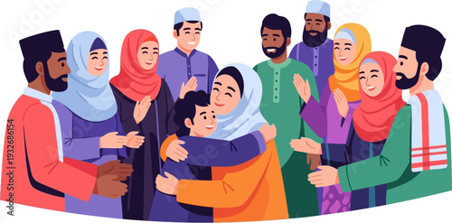 Jubilant diverse muslim community members embracing and celebrating together in a flat vector illustration style