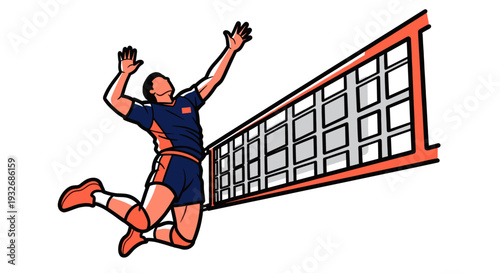 Dynamic illustration of a volleyball player jumping to spike the ball over the net, showcasing athletic prowess and teamwork in a bold, graphic style.