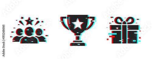 Group of people celebrating with trophy and gift icons. Glitch effect