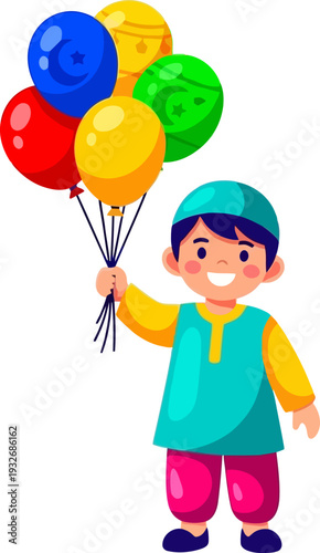 Jubilant young muslim boy holding festive crescent patterned balloons during a celebration in a vibrant vector illustration