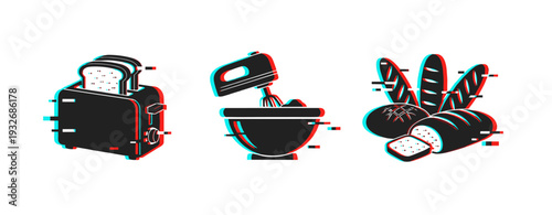 Baking icons depicting appliance use and bread on white background. Glitch effect