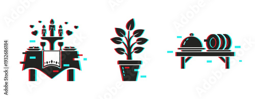 Dining table plant and covered dish icons on white background. Glitch effect