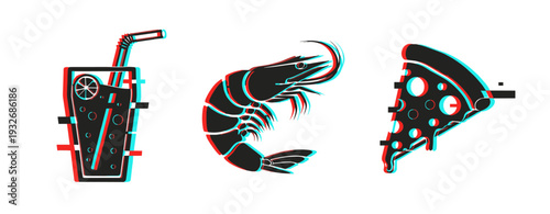 Beverage shrimp and pizza slice arranged on white background. Glitch effect
