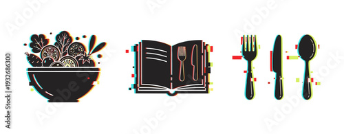 Salad cookbook and cutlery icons representing recipe and dining. Glitch effect
