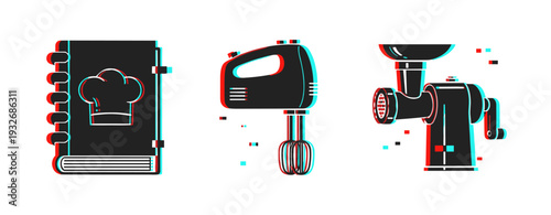 Kitchen tools icons featuring cookbook mixer and meat grinder on white. Glitch effect