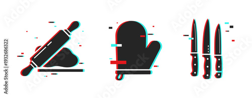 Kitchen utensils displaying baking mitt and cutting knives on white. Glitch effect