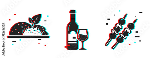 Ice cream wine bottle and skewers displayed on white background. Glitch effect