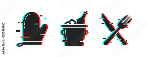 Kitchen icons showing glitch effect on white background. Glitch effect