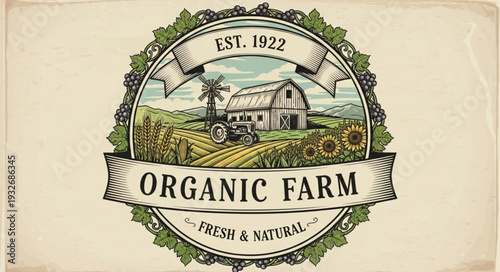 Vintage organic farm logo featuring a rustic barn and natural elements.