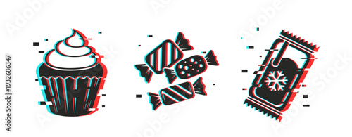 Confectionery icons showing cupcake candy and chocolate snack. Glitch effect