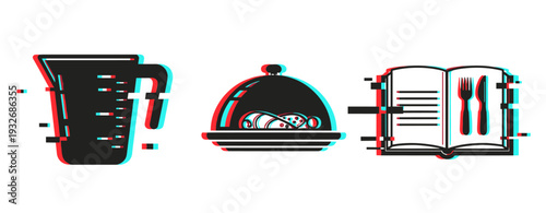 Measuring jug covered dish and open cookbook on white background. Glitch effect
