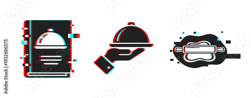 Food service icons showing serving and baking on white background. Glitch effect
