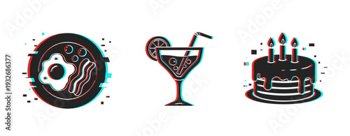 Breakfast plate cocktail and birthday cake icons on white background. Glitch effect