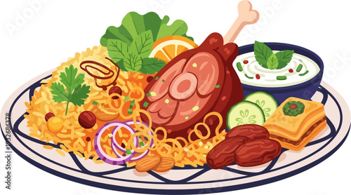 Mouthwatering close-up of a festive meal plate featuring spiced rice succulent meat and traditional sweets in a detailed culinary vector illustration
