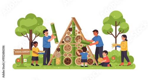 Community members collaborating to build a triangular wooden structure in a park with trees and a sign