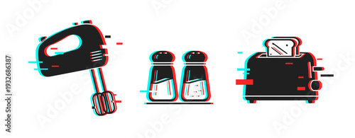 Kitchen appliances trio shown glitching on white background. Glitch effect
