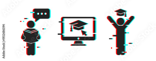 Education icons showing learning online and graduation on white background. Glitch effect
