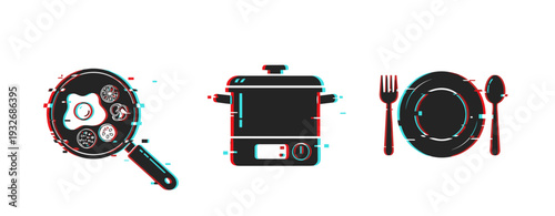 Kitchen cookware and tableware arranged on white background. Glitch effect