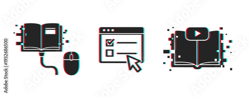 Digital learning symbols showing courses quizzes and video. Glitch effect