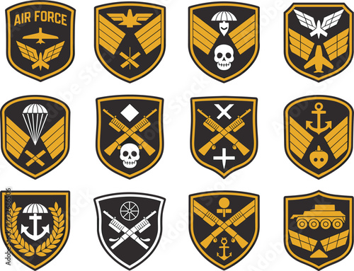 Military rank insignia icons set featuring air force wings, navy anchors, skulls, and parachutes for flat vector illustration game assets,