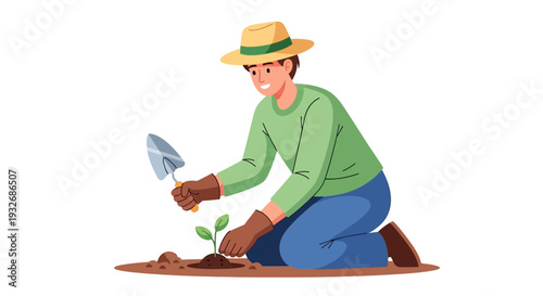 Man kneeling on ground planting a small green sapling with a trowel outdoors