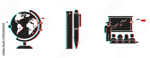 Globe ruler and teacher lecturing representing education and learning. Glitch effect