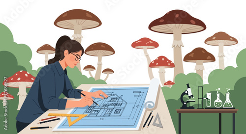 Woman designing architectural plans at a desk surrounded by mushrooms in a forest, viewed from above.