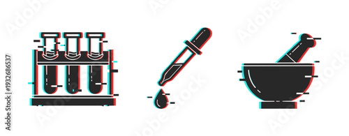Laboratory glassware arranged with dropper and mortar on white. Glitch effect