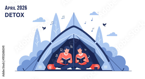 Couple meditating together inside a serene tent surrounded by nature and birds flying outside