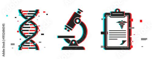 Dna strand with microscope and medical clipboard in laboratory. Glitch effect