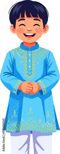 Proud young boy in a light blue embroidered traditional tunic standing with hands clasped in a serene and clean vector portrait