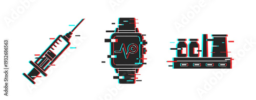 Medical device and supply icons displayed on white background. Glitch effect